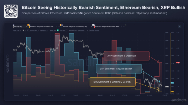 Vergleich des Anteils positiver und negativer Stimmungen für Bitcoin, Ethereum und <span class=